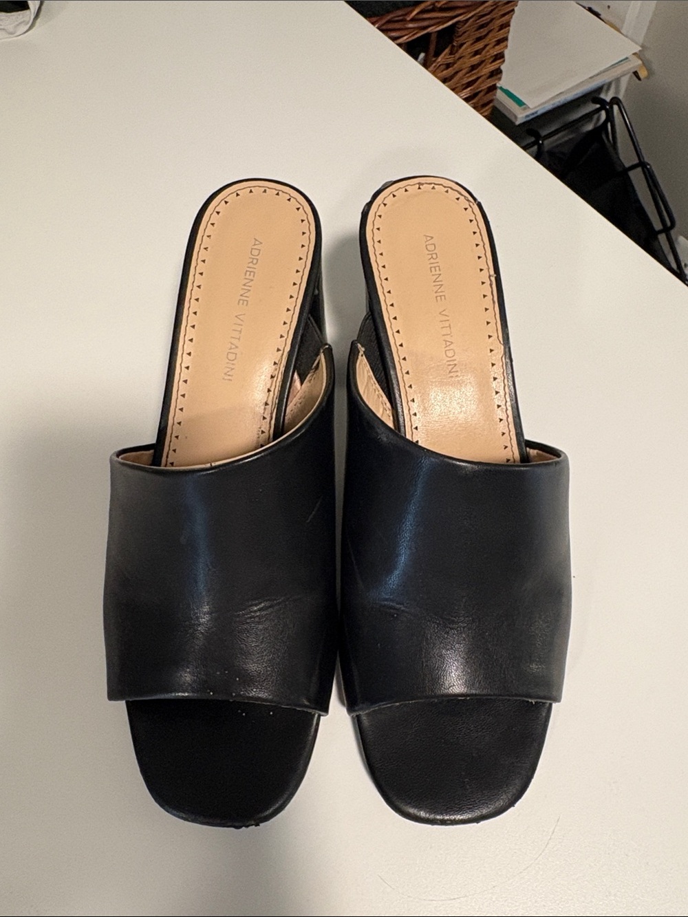 Adrienne Vittadini Black Leather Slide Mules